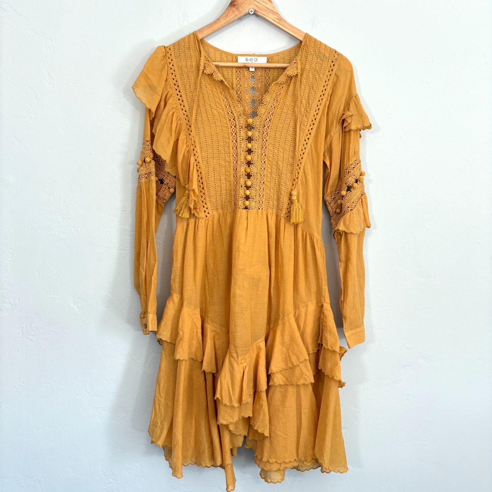 Sea New York Weatherly Pom Pom Dress Women Size 4 Mustard Yellow